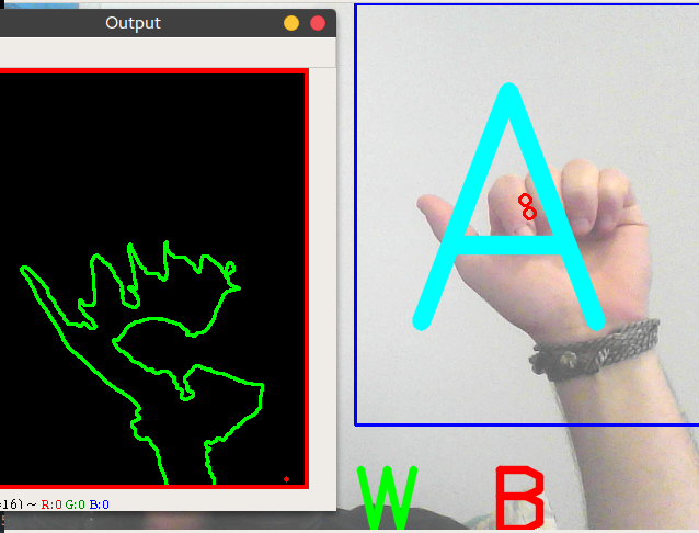 Output showing ASL program correctly translating the letter A